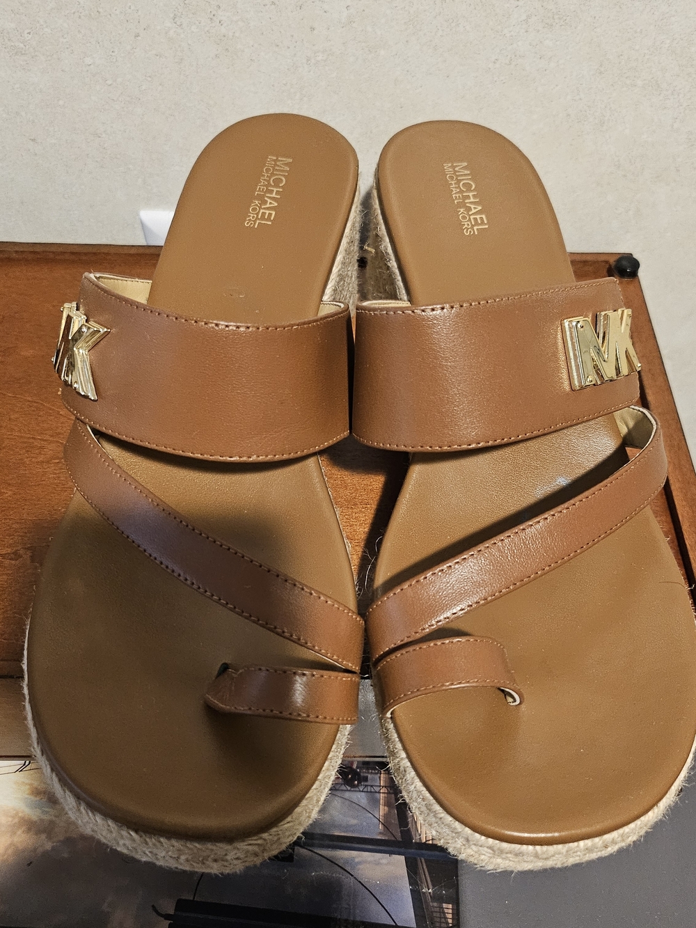 Michael Kors Tan Leather Slide Sandals: Some WEAR AND TEAR